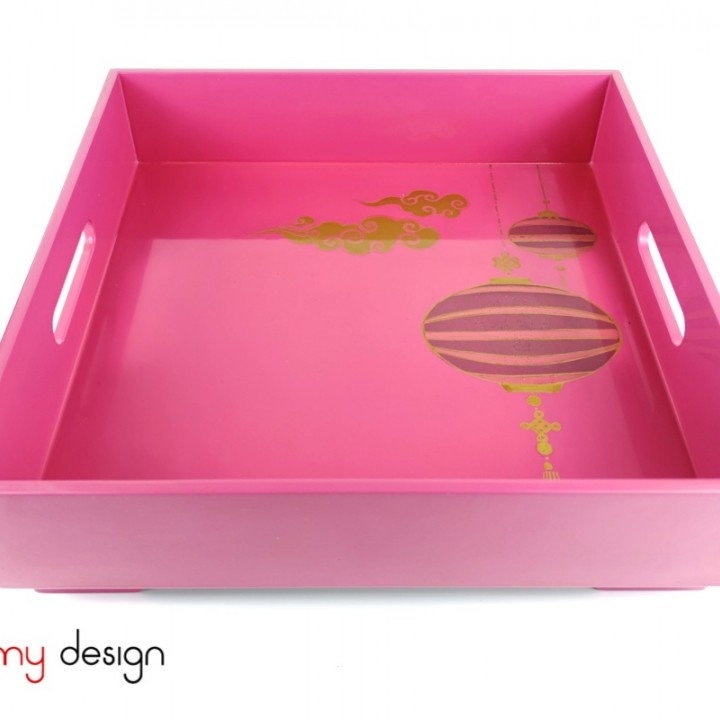 Pink square lacquer tray hand-painted with lantern 32*H9 cm